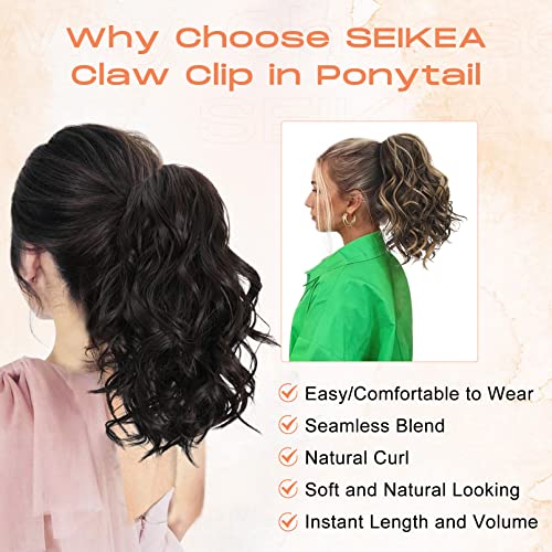 SEIKEA 10" Highlight Ponytail Extension Claw Short Thick Wavy Curly Jaw Clip in Fake Pony Tails Fake Hair Soft Natural Looking Synthetic Hairpiece for Women Medium Blonde with White Blonde Highlights