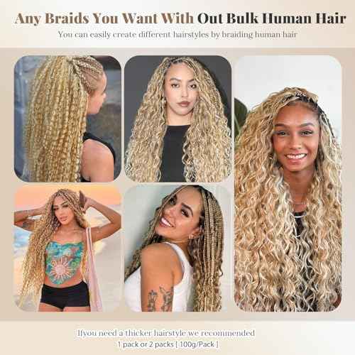 Boho Braids Human Hair Knotless Ombre Blonde Human Braiding Hair 14 Inch 27/613 Ombre Water Wave Bulk Human Hair for Braiding Wet and Wavy No Weft 100g 2 Bundles Curly Human Hair Extensions