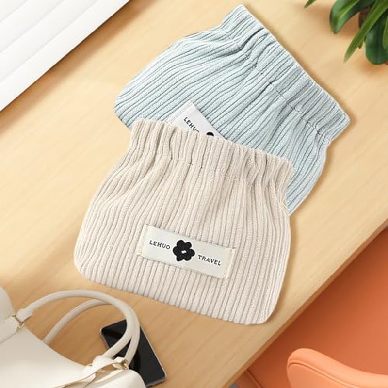 2pcs Corduroy Elastic Hair Tie Organizer Portable Travel Small Makeup Pouch Corduroy Lipstick Storage Bag for Hair Jewelry Lipstick Coin Purse for Women(Blue+White)