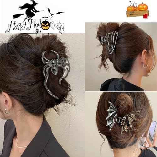 3 Pieces Large Metal Spider Net Bat Hand Hair Claw Clips for Women and Girls Thick Long Hair, Nonslip Skeleton Spooky Barrette Headband Hair Styling Accessories for Halloween Christmas Gifts