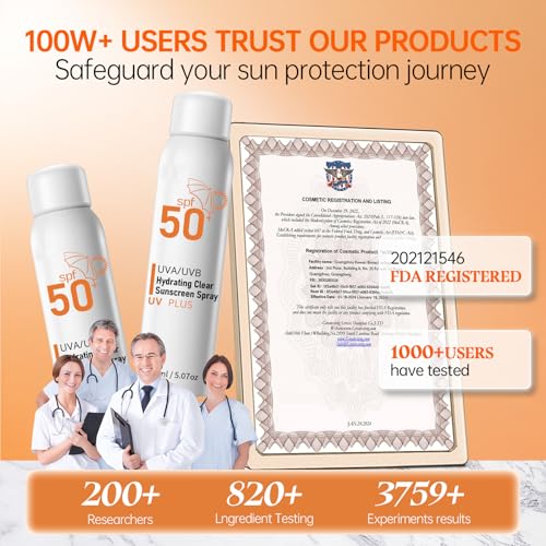 Sunscreen Spray SPF 50+ for Face & Body, Reef Safe Sunscreen Spray, Broad Spectrum UVA/UVB Sunblock, Oxybenzone-Free, Non-Comedogenic, Oil-Free, Water Resistant, 5.07oz Travel Size (1 pack)