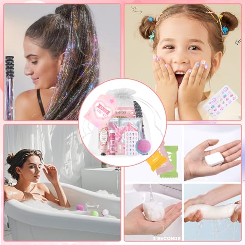 144 PCS Spa Party Supplies for Girls and Women, Favors Include Face Masks Skincare, Hand Cream, Lip Balm, Eye Mask, Lip Mask, Foot Bath Bombs, Hair Tinsel, Spa Birthday Sleepover Party Supplies