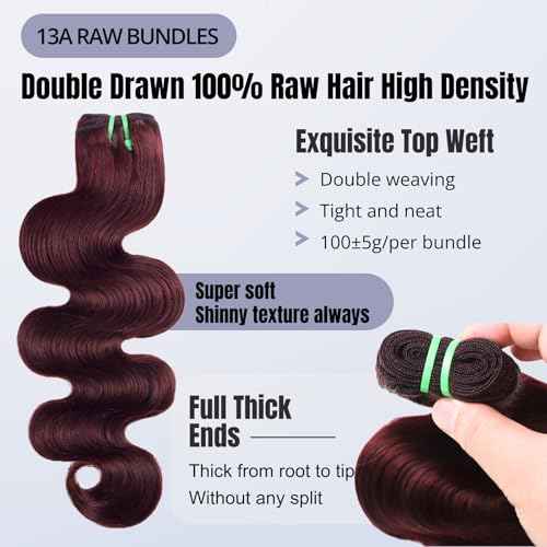 13A Double Drawn Dark Burgundy 99J Bundles Human Hair Body Wave with 2x6 Lace Closure deep part, 100% Raw Hair Wavy Extension Colored Cherry Red #99J 3 Bundles with 2 by 6 Closure 12 14 16+12