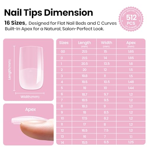 Beetles Tipex Lite Instant Nail Tips Short Square 512pcs - 16 Sizes, No UV Gel Needed