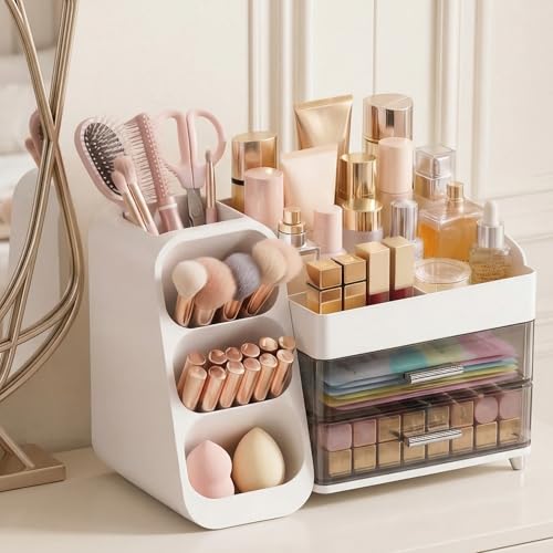Large Capacity Makeup Organizer with Brush Holder & Bottle Storage
