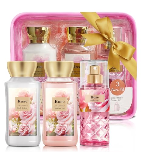 Bath and Body Gift Set for Women and Girls,Rose 3PCS Set - Shower Gel,Body Lotion,Body Mist,Personal Portable Body Care Travel Set,Home Spa Set for Birthday Mother's Day Gifts for Her
