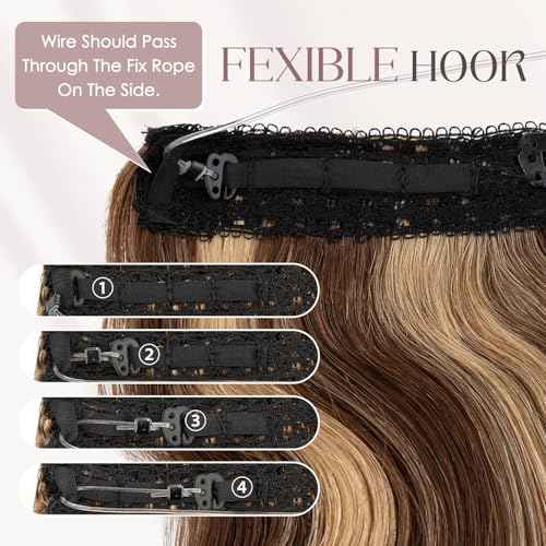 MY-LADY Wavy Halo Hair Extensions Real Human Hair for Women Medium Brown & Dark Blonde Clip in Remy Hairpiece with Adjustable Invisible Wire 20 Inch 70G