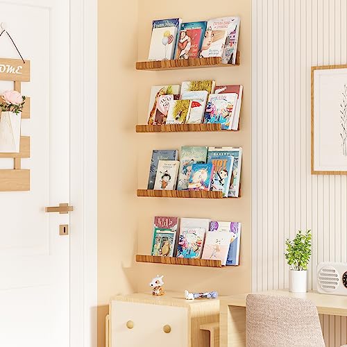 upsimples 4 Pack Acrylic Shelves for Wall Storage, 15" Floating Bookshelves for Kids, Display Shelf Organizer for Bathroom, Bedroom, Living Room, Kitchen, Room Decor, Wood Grain