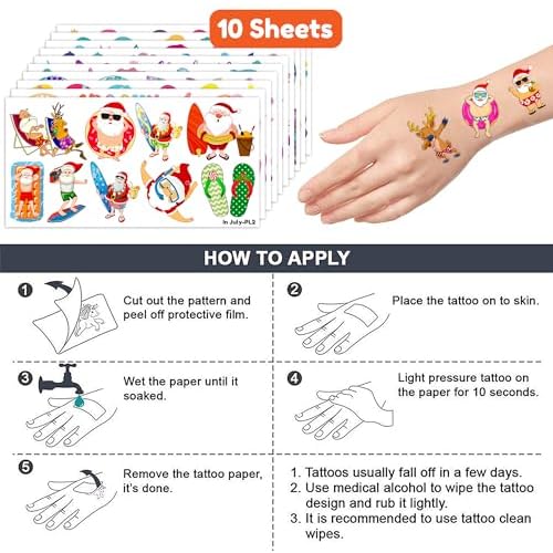 103 PCS Christmas Santa Summer Fun Temporary Tattoos Theme Birthday Party Supplies Favors Decor Decorations Beach Hawaii Hawaiian Xmas Aloha Tattoo Stickers Gifts For Kids Boys Girls School Prizes