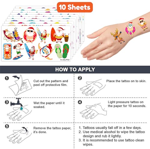 Hawaiian Christmas Temporary Tattoos - 10 Sheets Tropical Xmas