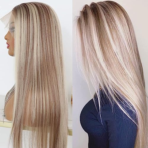 Highlight Ash Blonde Lace Front Wig Long Straight Glueless Ombre Brown Mixed Blonde 13x4 Synthetic Lace Front Wigs for Women 150 Density 24 Inches