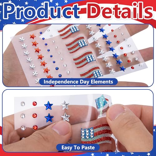 Patriotic Face Gem Stickers 8 Sheets 4th of July