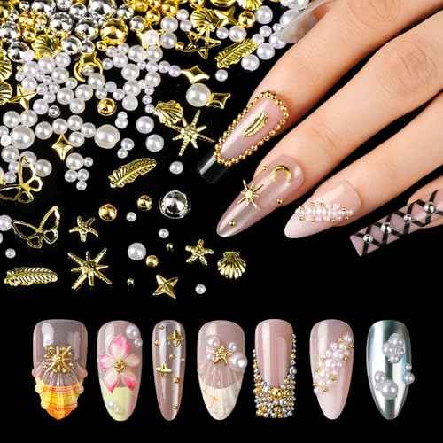 FANDAMEI Gold Nail Gems, 3D Star Nail Charms, Flatback Pearls White Beige, Half Round Silver and Gold Nail Charms, Mixed Sizes Pearls for Nails, Metal Nail Beads, 3D Metallic Nails Art Studs