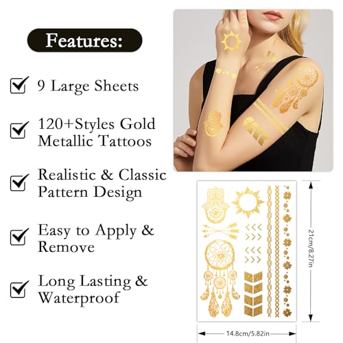 Konsait 9 Sheet Metallic Temporary Tattoos Gold Floral