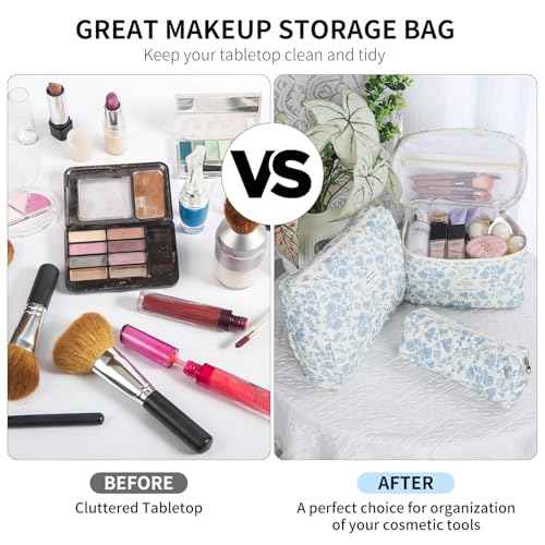 senbowe Floral Makeup Bag, 3 Pack Large Cotton Quilted Makeup Bag Set, Cute Floral Coquette Aesthetic Toiletry Bag Make Up Cosmetic Bag for Women, Toiletry Travel Make Up Organizer Bag
