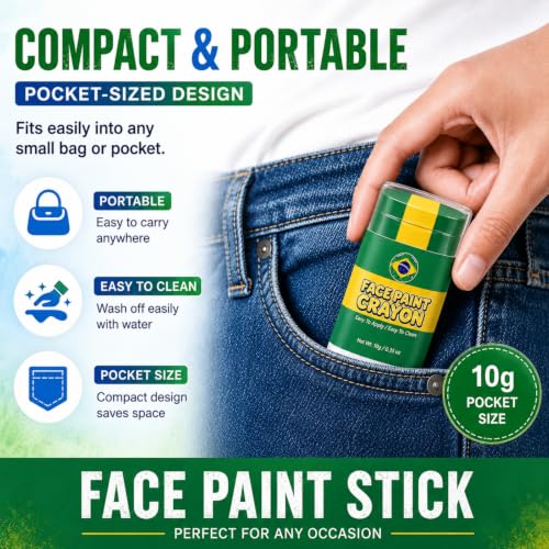 Brazil Face Paint Stick - 3-in-1 Flag Colors, Sweatproof