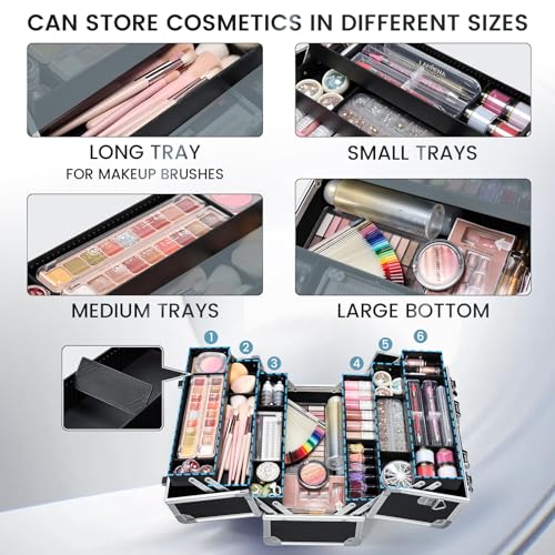 FRENESSA Makeup Train Case 12.6" Large Cosmetic Organizer with 6 Trays