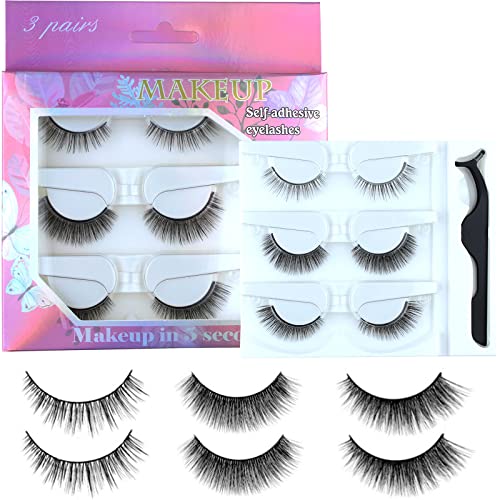 6 Pcs Self Adhesive Eyelashes, Reusable Self Adhesive Eyelashes, No Glue Eyelashes and Waterproof Wispy Lashes with Tweezers, Self-Adhesive False Eyelashes Natural Look