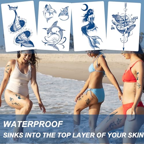 8 Sheets Semi-Permanent Whale Shark Tattoos ? Long Lasting 1-2 Week Premium Fake Tattoos ? Plant-Based Waterproof Realistic Body Art Tattoo Stickers for Adults Men Women Girls Kids