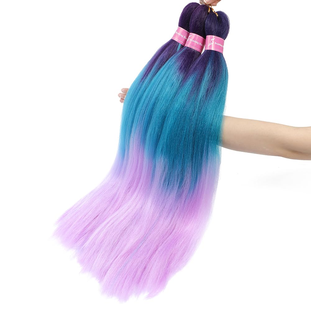 AFNOTE Pre Stretched Braiding Hair Extensions for Braids 26 Inch 3 Packs Ombre Purple Braiding Hair Pre Stretched Synthetic High Temperature Braid Hair Extension-Dark Purple/Lake Blue/Light Purple