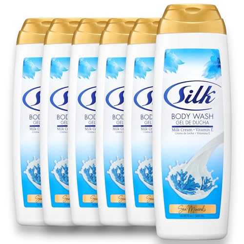 SILK Moisturizing Body Wash for Woman & Man - Daily Hydrating Shower Gel and Foaming Cleanser with Vitamin E and Glycerin, Rich Lather for Dry Skin Care, Sea Minerals Scent, 16.9 Fl Oz (Pack of 6)