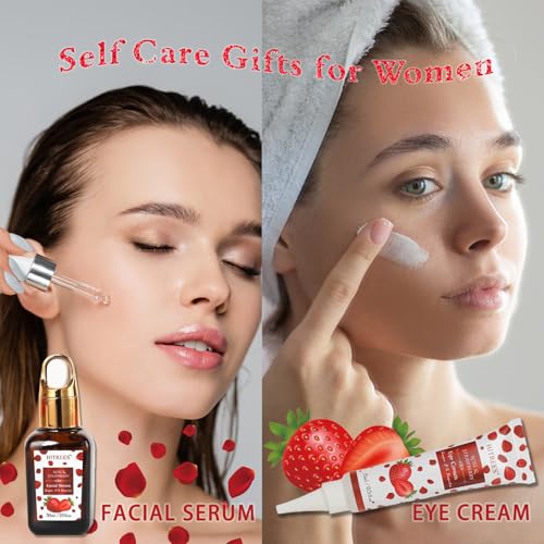 Luxury 22 pcs Rose & Strawberry Valentines Day Gift for Women, Bath and Body Basket Gift, Face Skin Care Kit, Home Spa Self Care, Eye Cream, Birthday, Christmas, Mother, Bridal Shower, Anniversary