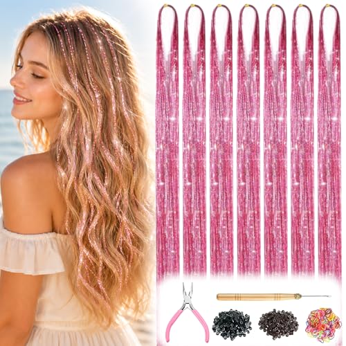 Pink Hair Tinsel Kit - 7 Pcs Glitter Hair Extensions for Parties