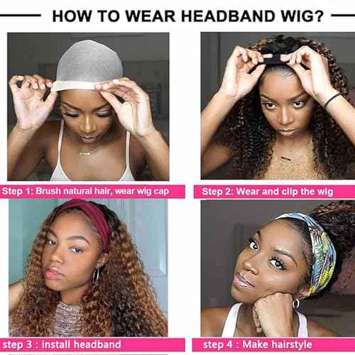 Ombre Highlight Curly Headband Wig Human Hair #4/27 Colored Headband Wig for Black Women Glueless Water Wave Human Hair Brazilian Virgin Hair Wear and Go Wigs 18 Inch