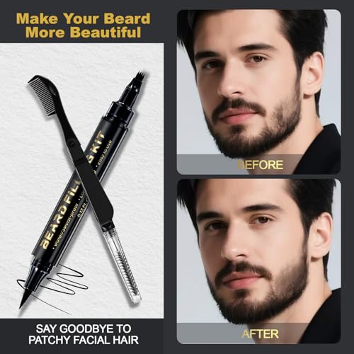 3 PCS Beard Pen Filler for Men - Black 4 Tip Pen for Natural Looking Appearance - 2 Fillers & 1 Double Head Brush - Waterproof Four Fork Eyebrow Pencil Eyeliner (Black)