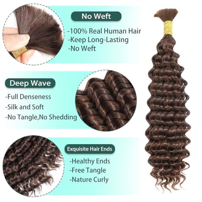 Boho Deep Wave Bulk Human Hair for Braiding - 3 Bundles 16"