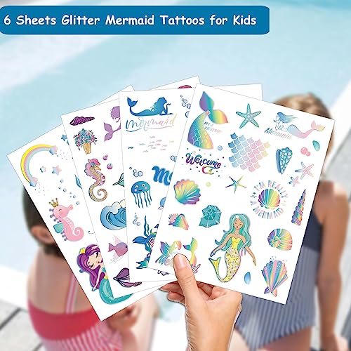 100 Glitter Styles Mermaid Temporary Tattoos for Girls - 6 Sheets, 100 PCS, Waterproof & Sweat-resistant, Safe for Kids, Ages 3+