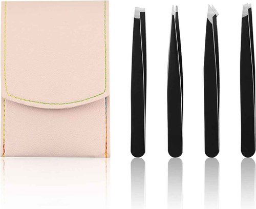 LuckyOpt 4pcs Precision Tweezers Set, 430 Stainless Steel Tweezers with PU Leather Storage Bag, Slant Flat Eye Brow Tweezers for Women Facial Hair, Eyelash Extension, Eyebrow Plucker (Pink)