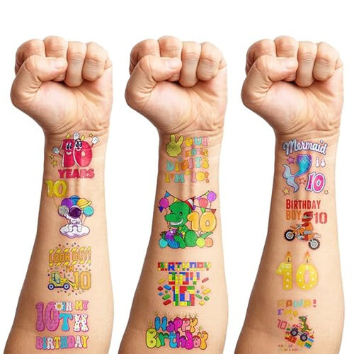 100 Pcs 10th Birthday Temporary Tattoos for Kids