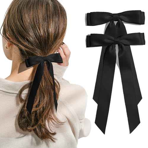 2PCS Black Hair Bows Solid Satin Polyester Ribbon Bow Hair Clips Ponytail Big French Hair Barrettes with Long Tail Wedding Dress Decor Hair Accessories for Women Toddler Teen Girls