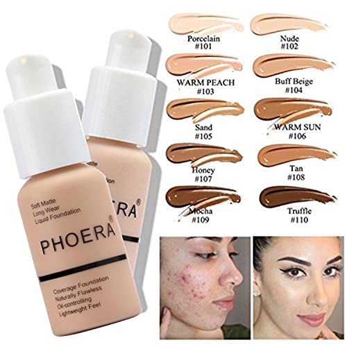 2 Pack PHOERA Foundation Sand 105 and Face Primer, Liquid Full Coverage Foundation Set, Foundation Brush Powder Brush,5 Makeup Sponge, 24HR Matte Oil Control Concealer (2pcs 105 Sand)