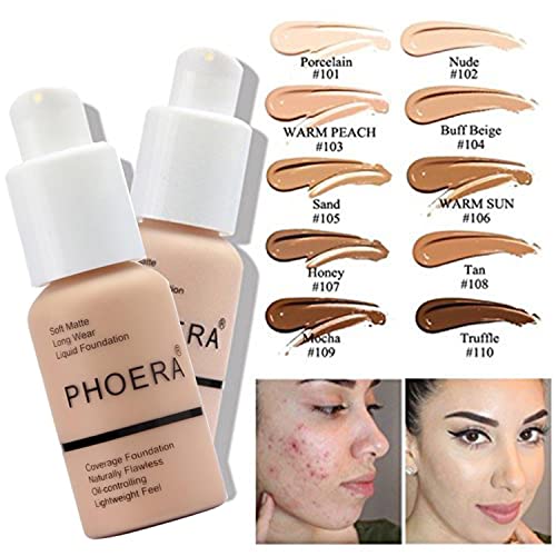 2 Pack PHOERA Foundation Buff Beige 104 and Face Primer,Liquid Full Coverage Foundation Set,Foundation Brush Powder Brush,5 Makeup Sponge,24HR Matte Oil Control Concealer (104- Buff Beige)