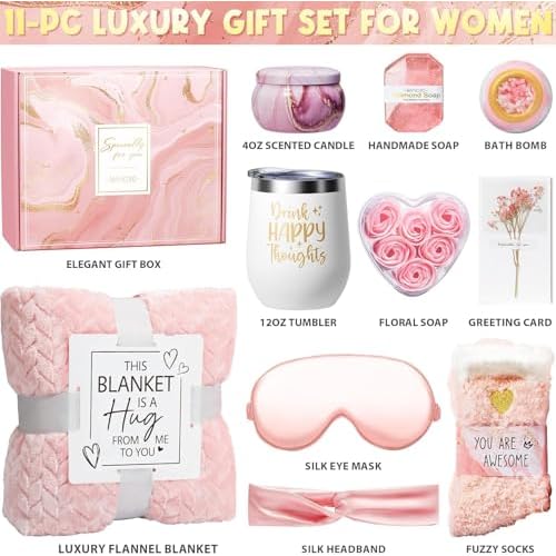Luxury Self-Care Essentials Basket: Plush Blanket, Candle, Silk Set & Spa Items for Women