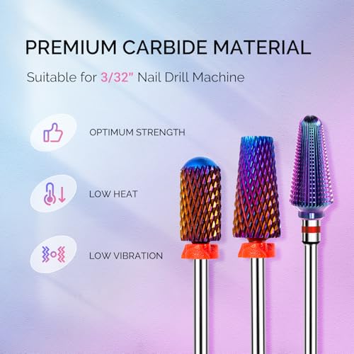 3PCS Nail Drill Bits Set - Carbide Tungsten, 5 in 1, 3/32"