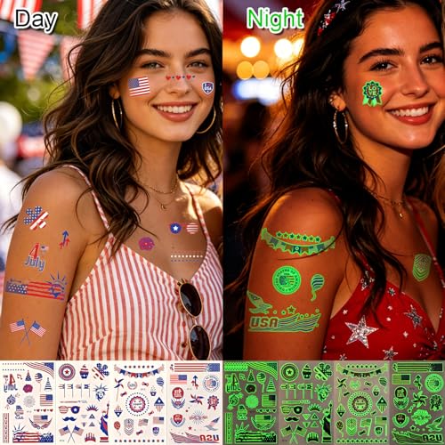 4th of July Glow in Dark Face Tattoos - Patriotic Temporary Tattoos