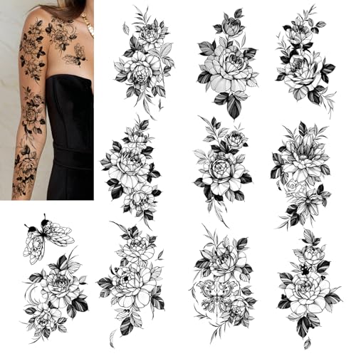 Black Floral Temporary Tattoos for Women - 10 Sheet Set