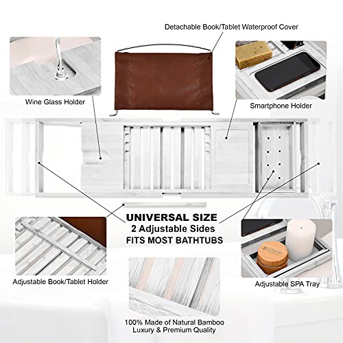 Homemaid Living Luxury Bamboo Bath Tray for Bathtub - Expandable Bathroom Caddy with Reading Rack or Tablet Holder, Premium Bath Tray with Wine Glass Holder, Fits All Bathtubs (White)