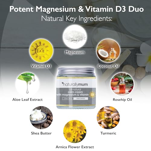 NaturallyMum - Calm Cream with Magnesium and Vitamin D3 [4 Fl Oz] - Magnesium and Vitamin D Lotion - Magnesium D3 Cream - Calming Cream Magnesium and Vitamin D - Turmeric & Arnica Cream - Unscented