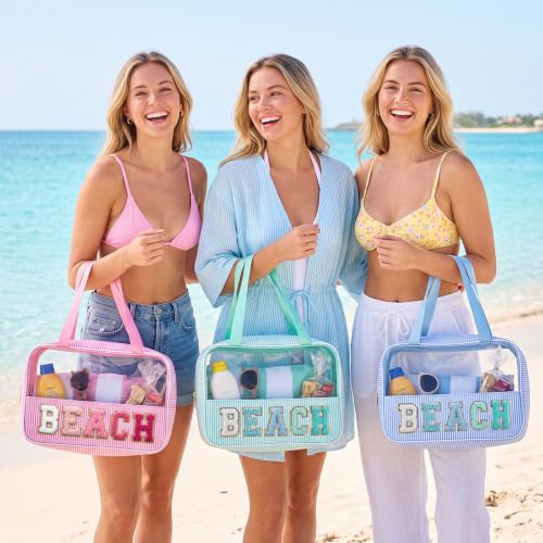Sanwuta 3-Piece Seersucker Beach Bag Set with Clear Makeup Pouch