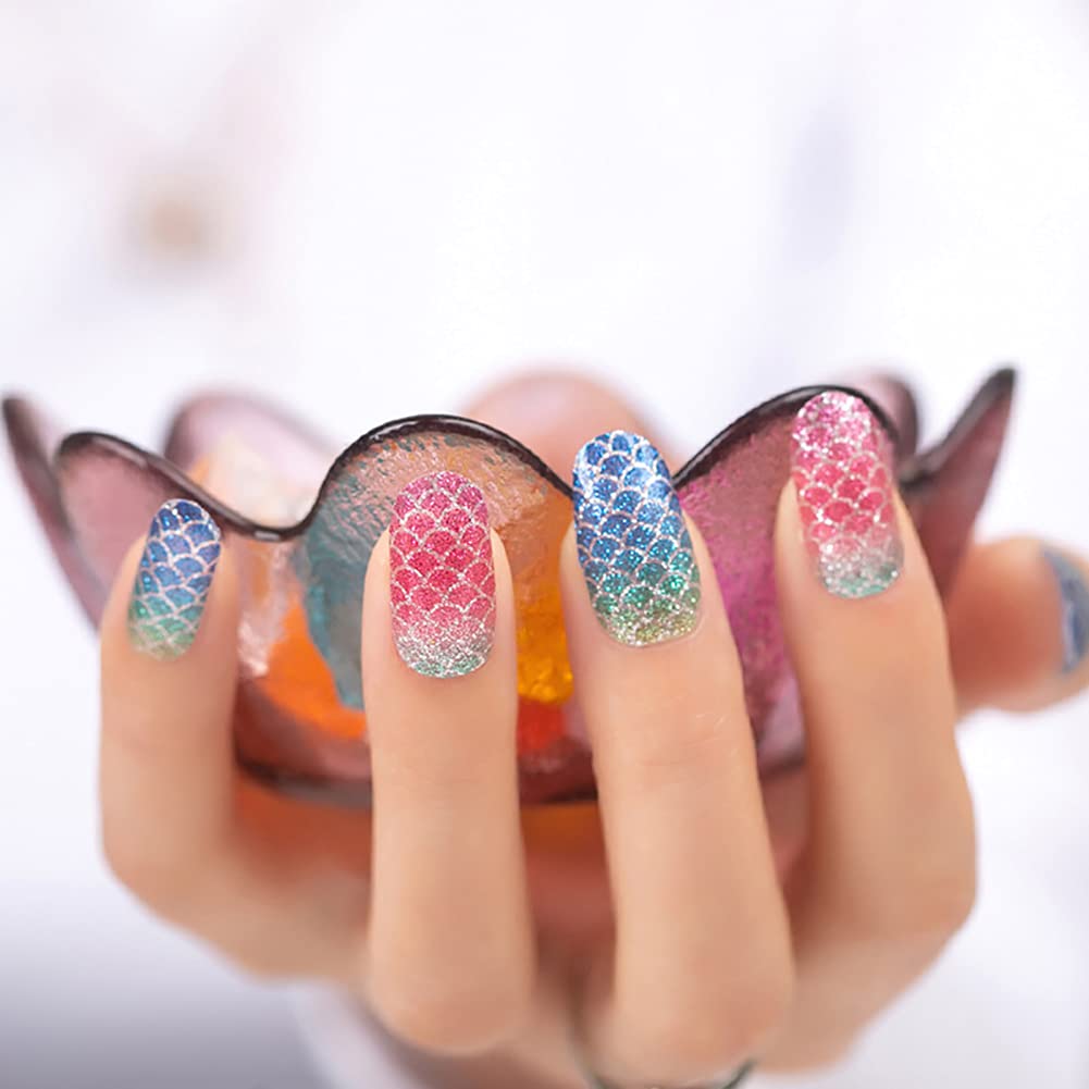 SILPECWEE 5 Sheets Nail Polish Strips Rainbow Glitter Adhesive Nail Stickers Full Nail Wraps Nail Strips for Women Nail Accessories with 1pc Nail File