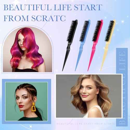 Yaomiao 6 Pcs Teasing Brush for Fine Hair Nylon Rat Tail Brush Set Women Three Row Salon Teasing Set for Back Combing, Root Hair Scalp Massage(Black, Blue, Rose Red, Yellow)