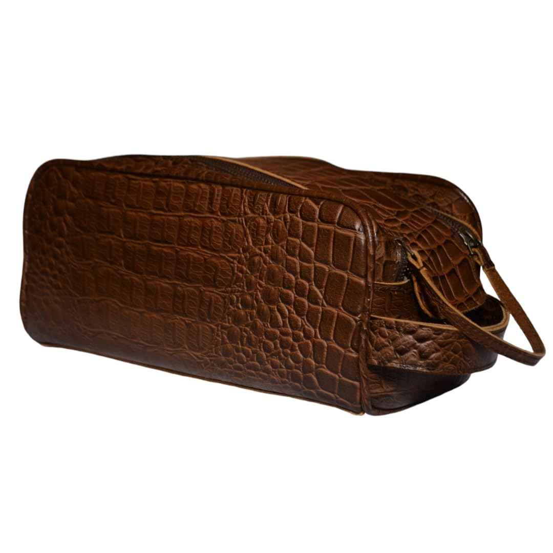 Premium Buffalo Leather Unisex Toiletry Bag Travel Kit (King Size )Shaving kit Accessories :Shaving Brush Case , Razor Protective Travel Case ( Combo of 4 Items) (Crocodile Print) (Croco Tan)