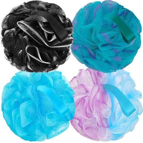 Bath Loofah Sponge Back Scrubber Shower Sponge Soft Mesh Exfoliator Pouf Shower Ball Bath Sponges for Women and Men Bath Accessories (4Pcs 50g Mix Black)