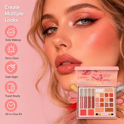 5 in 1 Makeup Palette Set with Eyeshadow, Blush, Highlighter & Brush