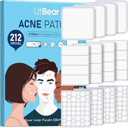 LitBear Large Pimple Patches, 5 Sizes 212 Counts Big Acne Patches for Face, Forehead, Body and Back, Hydrocolloid Bandages for Zits, Blemishes and Large Breakouts, Hydrocolloid Patch Pimple Stickers