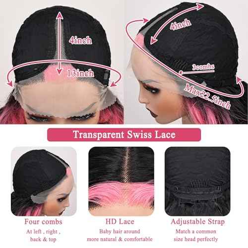 SISgrace Pink Highlight Wig Lace Front Wigs Synthetic Body Wave Wig Wear and Go 13x4x1 T-part Lace Middle Part Synthetic Wigs 28 Inch Pre-Plucked HD Glueless Lace Front Wig for Women